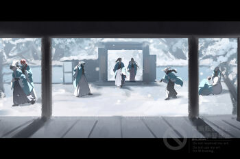 Rule 34 | 1girl, 6+boys, artist name, black hair, black hakama, black kimono, black scarf, bridal gauntlets, building snowman, commentary, exasperation, fake horns, fate/grand order, fate (series), full body, gate, grin, hakama, haori, harada sanosuke (teal haori and hakama) (fate), helmet, highres, hijikata toshizou (teal haori and hakama) (fate), holding, horned helmet, horns, japanese clothes, kimono, kondou isami (fate), leaning forward, long hair, long sleeves, ma koneko, multiple boys, nagakura shinpachi (fate), nagakura shinpachi (third ascension) (fate), okita souji (third ascension) (fate), ponytail, red hair, saitou hajime (fate), saitou hajime (third ascension) (fate), scabbard, scarf, sheath, shinsengumi (fate), short hair, side ponytail, smile, snow, snowball, snowing, snowman, squatting, stirrup footwear, symbol-only commentary, toudou heisuke (third ascension) (fate), tree, walking, white eyes, white kimono, wide shot, wide sleeves, yamanami keisuke (fate), yamanami keisuke (third ascension) (fate)