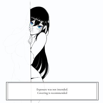 1girl absurdres blue_eyes english_text greyscale highres long_hair looking_at_viewer monochrome nisego nude original peeking_out solo spot_color standing thighs