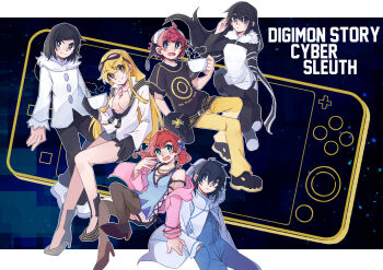 Rule 34 | 3boys, 3girls, absurdres, aiba takumi, black eyes, black hair, black skirt, blonde hair, blue bodysuit, blue camisole, blue eyes, bodysuit, breasts, camisole, cleavage, cup, digimon, digimon story: cyber sleuth, dress, group picture, highres, holding, holding cup, jacket, kamishiro yuugo, kamishiro yuuko, kuremi kyouko, long hair, multiple boys, multiple girls, nintendo switch, pink jacket, red hair, sanada arata, shiramine nokia, short hair, sideless outfit, skirt, white dress, yau1079