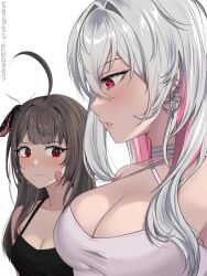 2girls ahoge animal animal_on_head bandaid bandaid_on_cheek bandaid_on_face black_camisole blush borrowed_character breast_envy breasts brown_hair bug camisole cleavage ear_piercing earrings girl_staring_at_guy&#039;s_chest_(meme) highres insect jewelry large_breasts long_hair looking_at_another looking_at_breasts medium_breasts meme mole mole_on_breast mole_under_eye moth multicolored_hair multiple_girls multiple_moles on_head original parted_lips piercing pink_hair red_eyes shirt simple_background sleeveless spaghetti_strap sweatdrop two-tone_hair upper_body vickie_(cryingrobot) vickie_(cryingrobot)_(character) vivi_(vitaminechan) white_background white_hair white_shirt