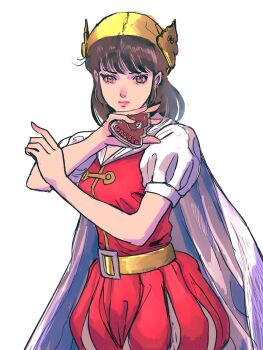 1girl belt belt_buckle black_hair breasts brown_eyes buckle closed_mouth commentary cowboy_shot hands_up headpiece highres holding looking_at_viewer medium_breasts medium_hair nucca_dzuke pointy_ears poop puff_and_slash_sleeves puffy_short_sleeves puffy_shorts puffy_sleeves red_shirt rikachan_woman robotta-kun shirt short_sleeves shorts simple_background solo standing white_background yellow_belt