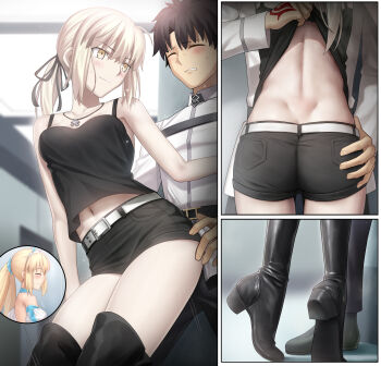 1boy 2girls absurdres angra_mainyu_(fate) artoria_caster_(fate) artoria_caster_(swimsuit_berserker)_(second_ascension)_(fate) artoria_pendragon_(fate) ass back bare_shoulders belt besmiled black_camisole black_footwear black_hair black_pants black_ribbon black_shorts blonde_hair blush boots breasts buttjob buttjob_over_clothes camisole chaldea_uniform clenched_teeth closed_eyes clothes_lift command_spell corruption dark_persona fate/grand_order fate_(series) fujimaru_ritsuka_(male) hair_ribbon highres jewelry long_hair long_sleeves low_ponytail medium_breasts multiple_girls necklace pants ponytail possessed possession ribbon rubbing saber_alter saber_alter_(ver._shinjuku_1999) shirt short_hair short_shorts shorts sidelocks smile teasing teeth thigh_boots thighs tiptoes white_shirt yellow_eyes