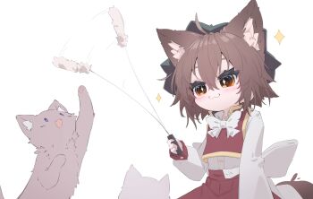 1girl :3 afterimage ahoge animal_ear_fluff animal_ears back_bow blush bow brown_eyes brown_hair cat cat_ears cat_teaser chen double-parted_bangs eyebrows_hidden_by_hair gold_trim hat highres holding holding_stick long_sleeves mob_cap mr.turtle_head playing puffy_long_sleeves puffy_sleeves red_eyes red_skirt red_vest simple_background skirt skirt_set solo sparkle sparkling_eyes stick touhou vest white_background white_bow
