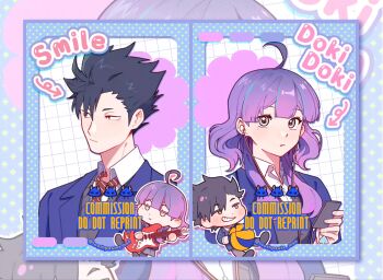 1boy 1girl ahoge animal animated animated_gif black_eyes black_hair blush cat chibi chibi_inset closed_mouth collared_shirt commentary_request earphones grey_eyes guitar hetero holding holding_guitar holding_instrument holding_phone instrument jacket lapels long_hair looking_at_viewer looking_to_the_side multicolored_hair necktie notched_lapels original phone purple_hair purple_jacket red_necktie school_uniform shirt short_hair smile speech_bubble streaked_hair sweater_vest upper_body watermark white_shirt yagao_chaoren