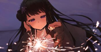 1girl adjusting_hair bang_dream! black_hair blush earrings fireworks flower flower_earrings hair_flower hair_ornament jewelry long_hair maka_sill purple_eyes shirokane_rinko side_bun smile solo sparkler