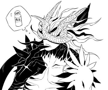 1boy commentary_request drooling greyscale hand_up horns lin_yue long_hair male_focus monochrome monster_boy original simple_background solo speech_bubble tail thought_bubble upper_body white_background