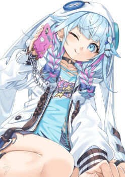 1girl ;q animal_hood black_choker blue_eyes blue_hair blue_shirt blue_shorts blunt_bangs braid cellphone choker commentary_request ear_piercing earrings hair_flaps hand_up holding holding_phone hololive hololive_dev_is hood hood_up hooded_jacket jacket jewelry long_hair looking_at_viewer low_twin_braids miri_(ago550421) mizumiya_su mizumiya_su_(1st_costume) o-ring o-ring_choker one_eye_closed phone piercing pink_streaks rabbit_hood shirt short_shorts shorts simple_background smartphone solo tongue tongue_out torn_clothes torn_shirt twin_braids virtual_youtuber white_background white_jacket