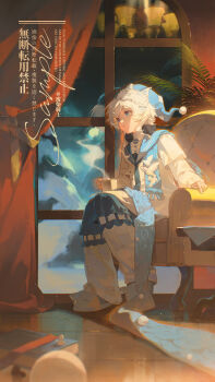 1girl absurdres blue_eyes blue_sailor_collar blue_scarf bushi_feichai_qishi chandelier closed_mouth couch curtains full_body hat headphones headphones_around_neck highres image_sample indoors long_hair long_sleeves looking_afar mihuashi_sample necktie night nightcap on_couch original reflection sailor_collar sample_watermark scarf sidelocks sitting sleep_mask solo watermark white_hair window