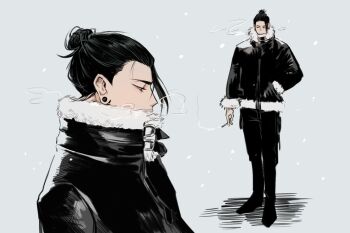 1boy between_fingers black_pants cigarette full_body fur-trimmed_jacket fur-trimmed_sleeves fur_trim getou_suguru grey_background hair_bun hand_in_pocket holding holding_cigarette jacket jujutsu_kaisen male_focus multiple_views pants plug_(piercing) short_hair smoking standing winter_clothes xxgojoxx zipper