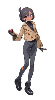 1girl absurdres black_bodysuit black_hair blush bodysuit bodysuit_under_clothes breasts brown_jacket closed_mouth dark-skinned_female dark_skin emma_(pokemon) fang full_body gloves hair_ornament highres holding holding_poke_ball jacket latex latex_bodysuit looking_at_viewer mega_stone nintendo orange_gloves poke_ball poke_ball_(basic) pokemon pokemon_legends:_z-a purple_eyes shisantian short_hair simple_background skin_fang smile solo two-tone_gloves white_background