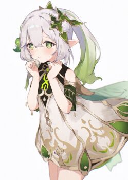 1girl absurdres bare_shoulders blush commentary_request cross-shaped_pupils dress genshin_impact gold_trim gradient_hair green_eyes green_hair hair_between_eyes hair_ornament hands_up highres leaf_hair_ornament leaning_forward long_hair multicolored_hair nahida_(genshin_impact) parted_lips pointy_ears side_ponytail sleeveless sleeveless_dress solo symbol-shaped_pupils tata_b_o_x white_dress white_hair