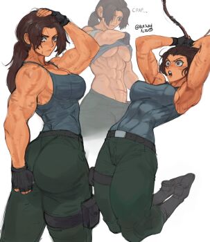 abs absurdres arms_up ass biceps boots breasts brown_hair clothes_lift clothes_pull fingerless_gloves gabriel_ales gloves highres huge_ass lara_croft large_breasts muscular muscular_female no_bra pants pants_pull pouch shirt_lift thigh_pouch tomb_raider tomb_raider:_the_legend_of_lara_croft underboob
