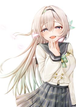 1girl absurdres black_hairband black_ribbon blush bow bowtie buttons collared_shirt double-breasted falling_petals firefly_(honkai:_star_rail) firefly_(spring_missive)_(honkai:_star_rail) gradient_eyes green_bow green_bowtie green_pupils grey_hair grey_sailor_collar grey_skirt hair_between_eyes hair_intakes hair_ornament hair_ribbon hairband hand_on_own_face hatsukyo highres honkai:_star_rail honkai_(series) long_hair multicolored_eyes open_mouth petals pink_petals plaid_bow plaid_bowtie plaid_clothes pleated_skirt ribbon sailor_collar shirt simple_background skirt smile solo teeth upper_teeth_only white_background white_shirt