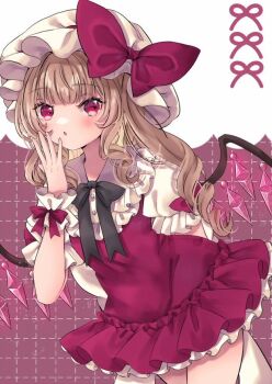 1girl blonde_hair blush breasts commentary_request cowboy_shot crystal_wings dress flandre_scarlet hat jaku_sono long_hair mob_cap red_background red_dress red_eyes side_ponytail solo touhou white_background white_hat wings