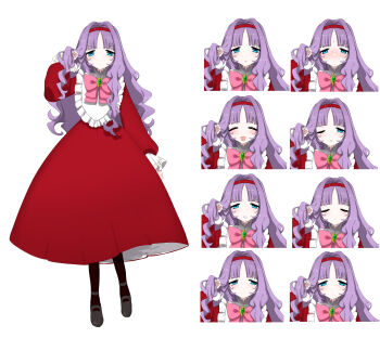 Rule 34 | 1girl, absurdres, aged down, black shoes, black socks, blue eyes, blush, bow, brooch, closed eyes, closed mouth, commentary request, dress, eurasia (wtp09ptw14), expression chart, francoise (eurasia), frills, full body, gem, green gemstone, hair intakes, hairband, hand in own hair, hand up, highres, jewelry, long hair, long sleeves, looking at viewer, multiple expressions, one eye closed, open mouth, original, parted bangs, pink bow, purple hair, red dress, red hairband, shoes, simple background, smile, socks, standing, sweat, tareme, wavy hair, white background