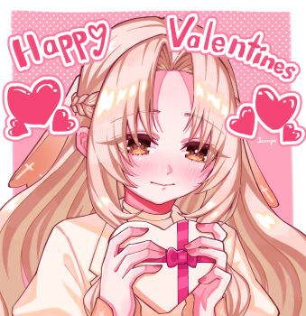 Rule 34 | 1girl, absurdres, artist name, blonde hair, blush, box, braid, brown eyes, commentary, curtained hair, english commentary, eyes visible through hair, half up braid, happy valentine, heart, heart-shaped box, highres, holding, holding box, jiai chiyu, jjum pp, kimi no koto ga dai dai dai dai daisuki na 100-nin no kanojo, long hair, long sleeves, pink background, portrait, simple background, smile, solo, valentine, veil