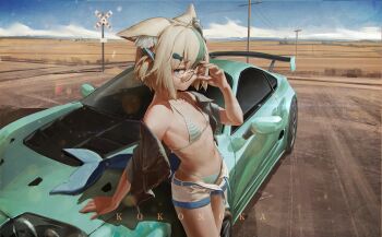 1girl absurdres adjusting_eyewear ahoge alternate_hair_length alternate_hairstyle animal_ear_fluff animal_ears bikini bikini_under_clothes blonde_hair blue_eyes blue_hair blue_jacket blue_nails blue_sky bob_cut car cat_ears closed_mouth commentary cropped_jacket day english_commentary fingernails fish_hair_ornament flat_chest from_side hair_ornament hand_on_eyewear highres indie_virtual_youtuber jacket kokono_ka looking_at_viewer looking_over_eyewear motor_vehicle multicolored_hair nail_polish navel off_shoulder open_clothes open_jacket outdoors power_lines sameko_saba scenery short_hair sideways_glance sky solo streaked_hair string_bikini striped_bikini striped_clothes sunglasses swimsuit toyota toyota_supra toyota_supra_mk_iv upper_body utility_pole virtual_youtuber
