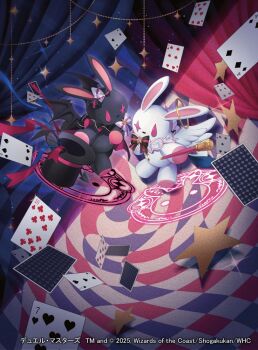 2others angel angel_wings animal_ears card chatsubaki copyright_notice demon_wings duel_masters halo hat holding holding_unworn_clothes holding_unworn_hat holding_wand looking_at_viewer magic_circle multiple_others official_art rabbit rabbit_ears star_(symbol) unworn_hat unworn_headwear wand wings