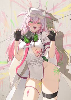 Rule 34 | 1girl, absurdres, ahoge, archer (dungeon and fighter), belt, black gloves, breasts, chimera (dungeon and fighter), claw pose, clothing cutout, covered navel, cowboy shot, dress, dungeon and fighter, fangs, fingerless gloves, gas mask, gloves, goggles, goggles on head, gradient hair, green eyes, green nails, hands up, highres, large breasts, long hair, looking at viewer, mask, mask around neck, multicolored hair, nail polish, no panties, open mouth, pelvic curtain, rydr93, short dress, short sleeves, skindentation, smile, solo, streaked hair, thigh belt, thigh strap, thighs, tongue, tongue out, two side up, underboob, underboob cutout, waist cape, white dress, white hair, wide sleeves