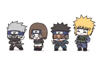 1girl 3boys :d absurdres black_eyes black_hair blonde_hair brown_eyes brown_hair chibi chibi_only closed_mouth dagger facial_mark flak_jacket forehead_protector full_body goggles grey_hair hair_between_eyes hand_in_pocket hatake_kakashi highres holding holding_dagger holding_knife holding_weapon jacket knife konohagakure_symbol long_sleeves mask mingsgugu mouth_mask multiple_boys namikaze_minato naruto_(series) nohara_rin open_mouth short_hair smile spiked_hair uchiha_obito weapon white_background
