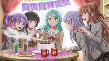 5girls :o aqua_hair bang_dream! banner birthday birthday_cake black_hair blowing blowing_on_food blowing_smoke brown_dress brown_skirt cake character_name closed_eyes commentary_request cookie cup curtains dated dress earrings food fruit green_eyes grey_jacket hanasakigawa_school_uniform haneoka_school_uniform highres hikawa_sayo holding holding_phone imai_lisa jacket jewelry liquid long_hair minato_yukina mug multiple_girls neck_ribbon necktie open_mouth phone plaid_clothes plaid_skirt ponytail purple_eyes purple_hair rabbit_earrings curtains red_ribbon ribbon roselia_(bang_dream!) sailor_collar sailor_dress school_uniform shelf shirokane_rinko side_ponytail sidelocks signature skirt smile strawberry striped_necktie table tablecloth taking_picture tree_bowbow udagawa_ako wavy_hair white_sailor_collar