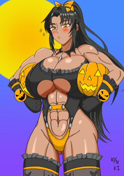 Rule 34 | 1girl, absurdres, animal print, bat (animal), bat print, breasts, dark-skinned female, dark skin, highres, huge breasts, jack-o'-lantern, katooth, mirabell bell, pumpkin, taimanin (series), taimanin asagi kessen arena