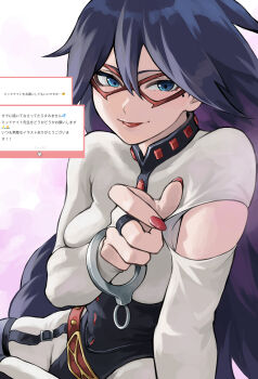 1girl absurdres black_hair blue_eyes bodysuit boku_no_hero_academia breasts cuffs fengling_(furin-jp) garter_straps handcuffs highres large_breasts leotard long_hair mask midnight_(boku_no_hero_academia) mole mole_under_eye nail_polish simple_background skin_tight tearing_clothes torn_clothes white_bodysuit