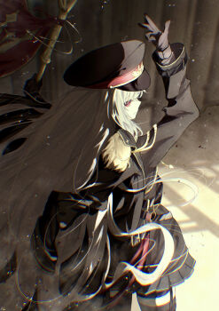 1girl black_coat black_gloves black_hat black_shirt black_skirt black_thighhighs coat flag gloves grey_hair hand_up hat highres holding holding_flag jacket long_hair military_jacket military_uniform miniskirt ni_mono peaked_cap pleated_skirt red_eyes ryogoku_tsukasa shadow shirt skirt specialite_(company) thigh_strap thighhighs virtual_youtuber