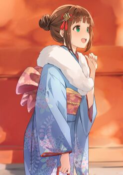 1girl absurdres amami_haruka b1ack_illust blurry blurry_background brown_hair commentary depth_of_field floral_print fur-trimmed_kimono fur_trim green_eyes hair_bun hair_ornament hand_up highres holding idolmaster idolmaster_(classic) japanese_clothes kimono looking_to_the_side new_year obi open_mouth sash short_hair solo tassel tassel_hair_ornament