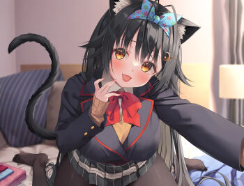 1girl absurdres animal_ear_fluff animal_ears asa_no_ha_(awayuki) bed bed_sheet black_hair black_jacket black_pantyhose black_skirt blush bow breasts brown_cardigan brown_eyes cardigan cat_ears cat_girl cat_tail cleavage collarbone collared_shirt crescent crescent_hair_ornament curtains fang hair_between_eyes hair_bow hair_ornament highres indoors jacket lamp large_breasts long_hair long_sleeves looking_at_viewer non-web_source on_bed open_mouth original pantyhose pillow pleated_skirt school_uniform selfie shirt sitting skirt smile solo tail very_long_hair war wariza whisp white_shirt