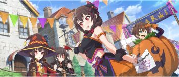 1boy 3girls arm_up arue_(konosuba) black_bow black_cape black_gloves black_hat black_wrist_cuffs blue_sky bow breasts cape cleavage cloud crop_top day disembodied_hand dress drill_hair finger_to_own_chin fingerless_gloves fur_wrist_cuffs game_cg gem gloves green_eyes hair_bow halloween halloween_costume hand_on_own_chest hand_on_own_chin hat highres holding holding_hands holding_paper house jack-o&#039;-lantern kono_subarashii_sekai_ni_shukufuku_wo! konosuba!_fantastic_days lamppost large_breasts lens_flare long_hair medium_hair megumin midriff multiple_girls navel note notice_lines official_art open_mouth orange_gloves orange_skirt outdoors paper parted_lips pumpkin_costume purple_dress red_bow red_dress red_eyes red_gemstone satou_kazuma searching short_hair_with_long_locks skirt sky smile sparkle string_of_flags third-party_source town translated wide_brim witch_hat wrist_cuffs yunyun_(konosuba)