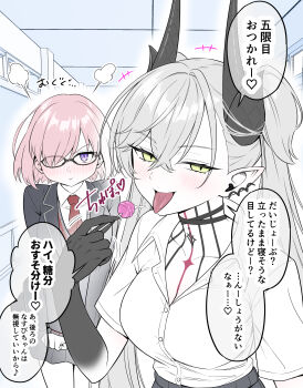 2girls absurdres black_skirt blush breasts candy colored_extremities commentary_request demon_horns earrings fate/grand_order fate_(series) food glasses green_eyes highres holding holding_candy holding_food holding_lollipop horns jewelry kyouka_asuka large_breasts lilith_(fate) lollipop long_hair mash_kyrielight multiple_girls neck_tattoo pink_hair pleated_skirt purple_eyes school_uniform short_hair single_earring skirt speech_bubble tattoo tongue tongue_out twintails white_hair
