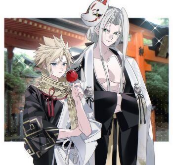 2boys bare_pectorals black_ribbon blonde_hair blue_eyes blurry blurry_background candy_apple chinese_commentary cloud_strife cloud_strife_(official_festive_garb) commentary_request crossed_arms depth_of_field festival final_fantasy final_fantasy_vii final_fantasy_vii:_ever_crisis food fox_mask green_eyes grey_hair hair_intakes hair_ribbon hand_up hands_in_opposite_sleeves haori height_difference highres holding holding_candy_apple holding_food japanese_clothes kiliko-san kimono long_bangs long_hair looking_at_another male_focus mask mask_on_head multicolored_kimono multiple_boys official_alternate_costume official_alternate_hairstyle open_clothes open_kimono parted_bangs pectorals photo_background ribbon sash scarf sephiroth_(one_with_the_blade) short_hair slit_pupils smile sparkle spiked_hair tassel toned toned_male upper_body white_haori yellow_scarf