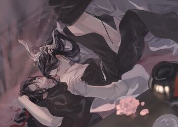 2boys alcohol arm_up bed_sheet bishounen bite_mark biting black_hair black_hanfu black_pants blush branded chinese_clothes chinese_commentary clenched_teeth closed_eyes clothes_grab clothes_pull cup curtains dutch_angle ear_blush flower grey_eyes hair_ribbon hand_in_another&#039;s_hair hand_on_another&#039;s_ass hand_on_another&#039;s_head hand_under_clothes hanfu headband high_ponytail implied_fingering implied_sex indoors jug_(bottle) kneeling lan_wangji leg_on_another&#039;s_shoulder leg_up long_hair long_sleeves looking_at_another lying male_focus modao_zushi multiple_boys nipples on_back on_bed open_clothes open_robe pants pants_pull pectorals petals pink_flower ponytail red_ribbon ribbon robe scar scar_on_chest see-through_curtains sex sleeves_past_wrists table teeth thighhighs undressing_another wei_wuxian white_hanfu white_headband wide_sleeves xiao_guan_(headdress) yaoi ylilaros