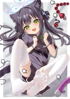 1girl anal_beads animal_ear_fluff animal_ears ball_gag bed_sheet bilingual_commentary black_dress black_hair blue_archive blue_halo butt_plug chinese_commentary commentary commentary_request cuffs dildo dress english_commentary extra_ears feet gag green_eyes grey_background halo handcuffs highres loli long_hair looking_at_viewer lying mixed-language_commentary no_shoes on_back open_mouth pelvic_curtain sex_toy short_sleeves shun_(blue_archive) shun_(small)_(blue_archive) soles solo spiked_dildo teeth thighhighs tiger_ears tiger_girl toes twintails unworn_blindfold unworn_gag upper_teeth_only variant_set white_thighhighs wiffle_gag zds