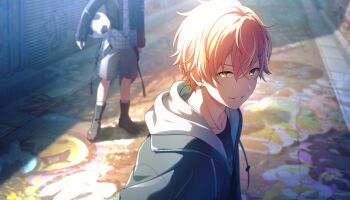 2boys ball black_jacket black_shirt black_shoes blonde_streaks break_down_the_wall_(project_sekai) collarbone colorful_palette ear_piercing game_cg graffiti grey_shorts grin head_out_of_frame highres jacket kagamine_len male_focus multiple_boys necktie official_art open_clothes open_jacket orange_hair parted_lips piercing project_sekai shinonome_akito shirt shoes shorts smile soccer_ball solo_focus teeth third-party_source vivid_bad_squad_len vocaloid yellow_eyes