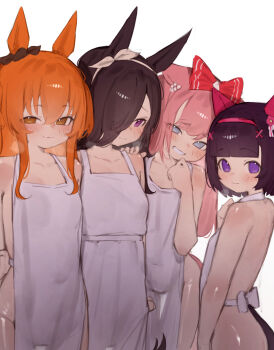 Rule 34 | 4girls, agnes digital (umamusume), animal ears, apron, black hair, blush, bow, breasts, closed mouth, hair between eyes, hair bow, hair over one eye, highres, horse ears, horse girl, horse tail, long hair, looking at viewer, mayano top gun (umamusume), multiple girls, naked apron, nishino flower (umamusume), orange eyes, orange hair, pink hair, purple eyes, red bow, rice shower (umamusume), simple background, small breasts, smile, tail, theflatfacadeds, thighs, umamusume, white apron, white background