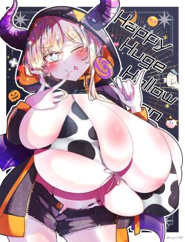 1girl areola_slip artist_name bikini black_background black_jacket blonde_hair blue_eyes blush border breasts bursting_breasts cow_print cow_print_bikini denim denim_shorts english_text female_focus gigantic_breasts halloween holding_candy holding_lollipop hood horns jacket kuyu730 lollipop looking_at_viewer micro_bikini one_eye_closed original outline pale_skin print_bikini shiny_skin short_shorts shorts smile solo swimsuit tongue tongue_out whale_tail_(clothing) white_border white_outline wink