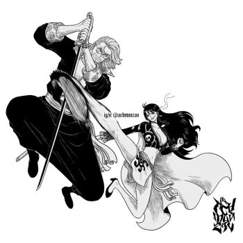 1boy 1girl achmunzav black_hair black_shirt blocking breasts cape cleavage clenched_hand clenched_teeth crop_top earrings facial_hair fighting glasses goatee high_heels holding holding_sword holding_weapon jewelry kicking long_hair medium_hair monochrome one_piece print_sarong sarong sash scar scar_across_eye scar_on_face shakuyaku_(one_piece) shirt silvers_rayleigh simple_background smoking sword teeth weapon white_background white_hair white_sash