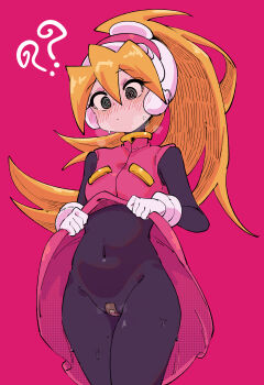 1girl ? ?? absurdres bandaid bandaid_on_pussy black_bodysuit black_eyes blonde_hair blush bodysuit bodysuit_under_clothes buzzlyears ciel_(mega_man) clothes_lift commentary cowboy_shot helmet high-waist_skirt high_ponytail highres long_hair looking_down mega_man_(series) mega_man_zero_(series) pink_background pink_helmet pink_shirt pink_skirt ponytail ringed_eyes shirt simple_background skirt skirt_lift solo