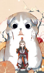 1boy absurdres animal armor black_boots black_eyes black_shirt boots breastplate brown_hair bush cape chinese_clothes collarbone collared_shirt dog forehead grin hands_on_own_hips happy hashtag-only_commentary hat highres jianxia_qingyuan_(series) jianxia_qingyuan_online_3 light_blush light_particles looking_at_viewer male_focus mandarin_collar noumin_kanren_no_skill_bakka_agetetara_nazeka_tsuyoku_natta. orange_cape orange_hat orange_sky oversized_animal shirt sky smile straight-on tongue yi_tianran_dai