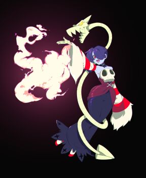 1girl arm_up armpits bare_shoulders black_background black_collar black_skirt blue_hair blue_skin bone breasts breath_weapon breathing_fire collar colored_skin detached_collar detached_sleeves dress fire full_body ghostybutt gradient_background hair_over_one_eye highres leviathan_(skullgirls) long_hair long_skirt no_shoes object_through_head open_mouth red_dress red_eyes red_sleeves red_socks side_ponytail sideboob simple_background skeletal_arm skirt skull skullgirls socks solo squigly_(skullgirls) stitched_mouth stitches striped_clothes striped_sleeves striped_socks teeth white_sleeves white_socks wide_sleeves yellow_eyes zombie