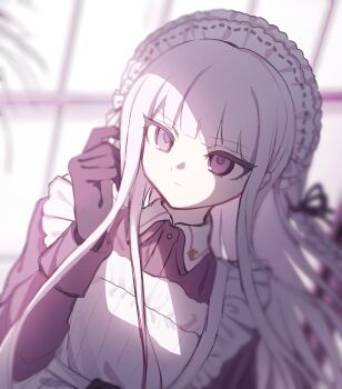 Rule 34 | 1girl, apron, black gloves, black jacket, black ribbon, closed mouth, commentary request, danganronpa: trigger happy havoc, danganronpa (series), gloves, hair ribbon, hand up, highres, jacket, kirigiri kyoko, long hair, long sleeves, maid, maid apron, maid headdress, pink eyes, ribbon, solo, tago (matsu0da), upper body, white apron, white hair