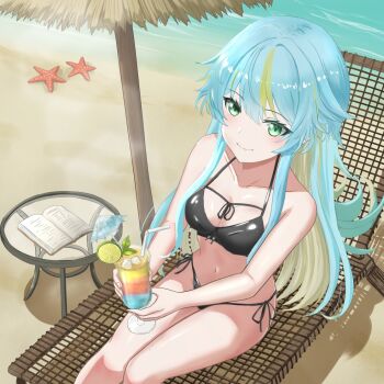 1girl alternate_costume beach beach_chair bikini black_bikini blonde_hair blue_hair blush book breasts cleavage closed_mouth cocktail colored_inner_hair commentary_request commission drinking_straw food fruit green_eyes jinshin lime_(fruit) lime_slice long_hair looking_at_viewer medium_breasts multicolored_hair ocean open_book ragnarok_online sand simulation_juncea sitting skeb_commission smile solo starfish swimsuit table two-tone_hair water