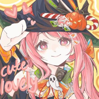 Rule 34 | 1girl, bare shoulders, black bow, black bowtie, black hat, black shirt, black sleeves, bow, bowtie, candy, candy cane, candy hair ornament, candy hat ornament, chinese commentary, closed mouth, collar, commentary request, detached collar, detached sleeves, dot nose, english text, eyelashes, food, food-themed hair ornament, green collar, green hat, hair bow, hair half over shoulder, hair ornament, hairclip, halloween, hand on headwear, happy, hat, heart, jack-o'-lantern hat ornament, light blush, lips, long hair, long sleeves, looking at viewer, low twintails, nikki (nikki), nikki (series), orange bow, orange bowtie, pink eyes, pink hair, pink lips, prprpr, puffy long sleeves, puffy sleeves, shirt, sleeve cuffs, sleeveless, sleeveless shirt, smile, solo, sparkling eyes, twintails, two-sided fabric, two-sided headwear, two-tone bow, two-tone bowtie, upper body, witch hat, yellow background