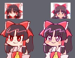 Rule 34 | 1girl, annotated, ascot, bow, bright pupils, chibi, closed mouth, clover (clover11 40), commentary, detached sleeves, expressions, fang, fang out, grey background, hair bow, hair tubes, hakurei reimu, multiple views, purple eyes, red bow, red eyes, red vest, reference inset, simple background, skin fang, smile, symbol-only commentary, touhou, upper body, vest, white pupils, yellow ascot