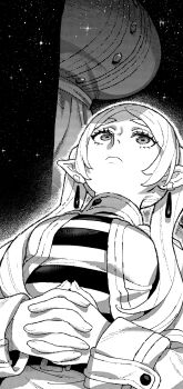 2girls breasts earrings elf fern_(sousou_no_frieren) floating_earrings frieren greyscale head_out_of_frame highres interlocked_fingers ireading jewelry lap_pillow large_breasts long_hair looking_up monochrome multiple_girls parted_bangs pointy_ears sky sousou_no_frieren star_(sky) starry_sky striped_clothes teardrop_earrings twintails