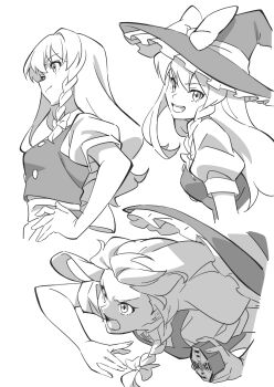 Rule 34 | 1girl, apron, back bow, bow, braid, breasts, commentary request, greyscale, gyouza (mhea5724), hair bow, hat, hat bow, highres, kirisame marisa, long hair, looking at viewer, medium breasts, monochrome, multiple views, open mouth, puffy short sleeves, puffy sleeves, short sleeves, side braid, single braid, smile, touhou, very long hair, vest, waist apron, witch hat