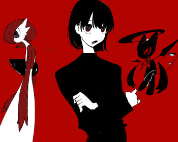 1other 2girls alternate_color alternate_shiny_pokemon ame_(metorui) arms_at_sides artist_name bob_cut colored_skin crossed_arms flat_chest from_side gardevoir gen_3_pokemon halo long_sleeves looking_afar monochrome multicolored_skin multiple_girls nintendo no_mouth open_mouth original pokemon pokemon_(creature) rayman_limbs red_background red_eyes red_hair red_skin red_theme ringed_eyes short_hair signature simple_background sketch standing two-tone_skin upper_body