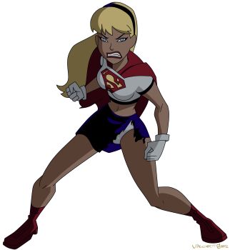 1girl absurdres blonde_hair blue_skirt boots cape crop_top dc_animated_universe dc_comics glee-chan gloves highres justice_league_unlimited kara_danvers non-web_source panties red_boots red_cape skirt supergirl torn_clothes torn_skirt underwear white_gloves white_panties